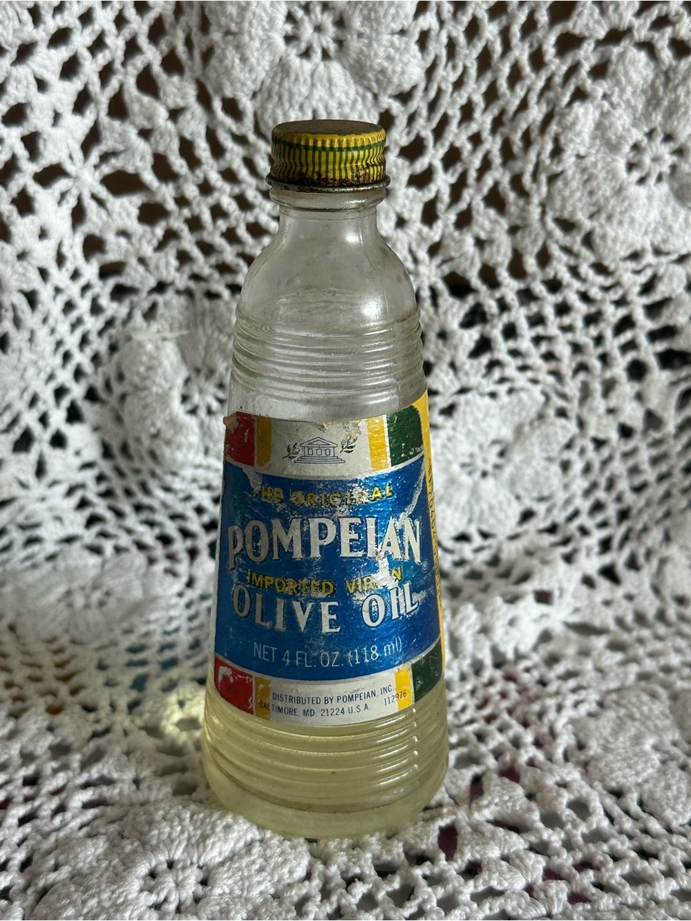 Vintage Pompeian Olive Oil - Clear Bottle with Blue Label, MCM, Kitchen Prop